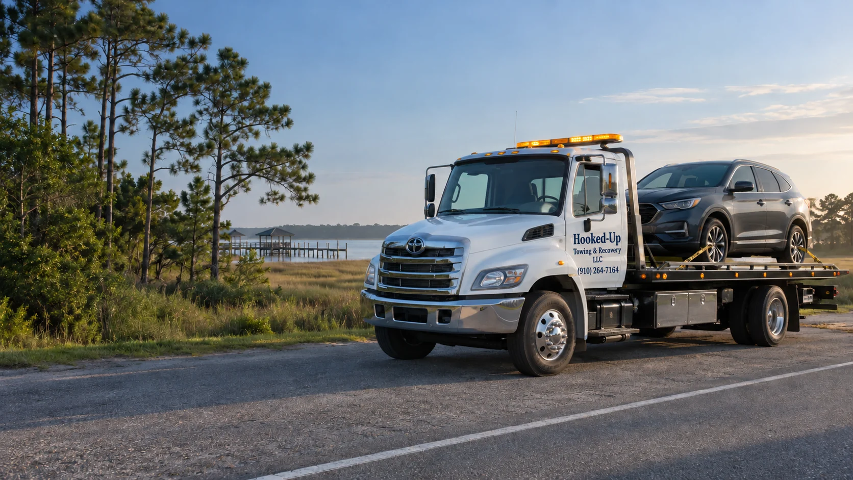 Illustration of a white flatbed tow truck carrying a vehicle beside a coastal marsh in morning light